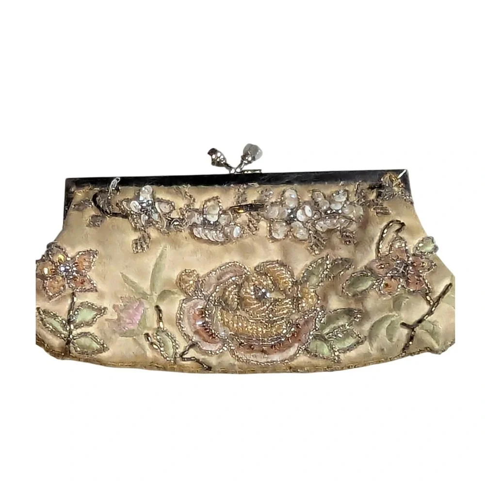 M.S.‎ Collections Beaded Floral Evening Clutch Purse Gold Tone Kiss Lock Frame - Picture 2 of 15